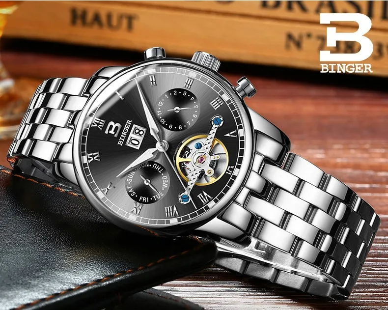 Швейцарские Бингер мужские часы люксовый бренд Tourbillon fulll нержавеющая сталь водонепроницаемые часы Механические наручные часы B-8604