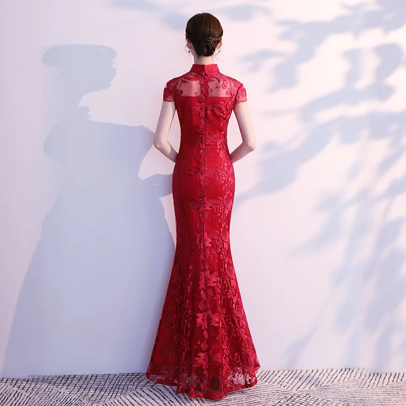 Chinese Dress Female Evening Dress Lace Mermaid Chinese Style Lady Cheongsam Long Tight Elegant Big Size 3XL Vintage Red Bride Wedding Qipao