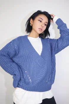 

2019 new fashion casual women's clothing V loose short sweater autumn long sleeve sweater