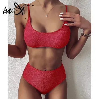 

In-X glitter shiny bikinis 2020 woman Sexy high waisted swimsuit female bandeau swimwear women Red bathing suit two piece suit
