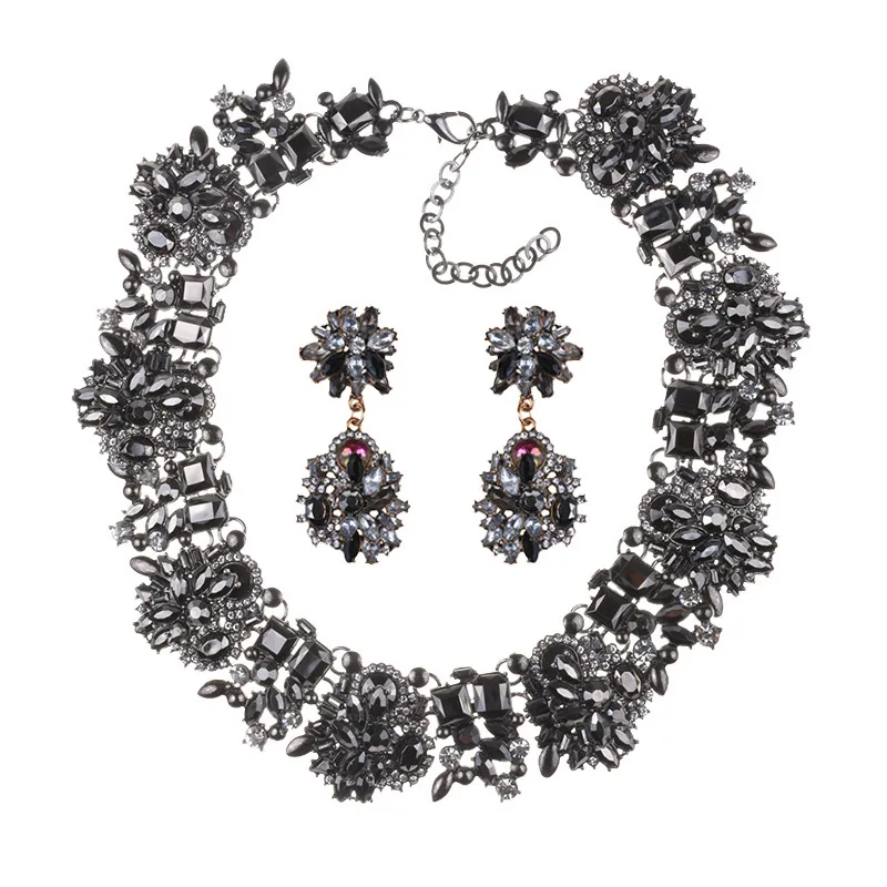Luxury Crystal Rhinestone Necklace Earrings Jewelry Sets Women Large Collar Statement Choker Necklace Female Big Bib Necklaces - Окраска металла: Gun Grey