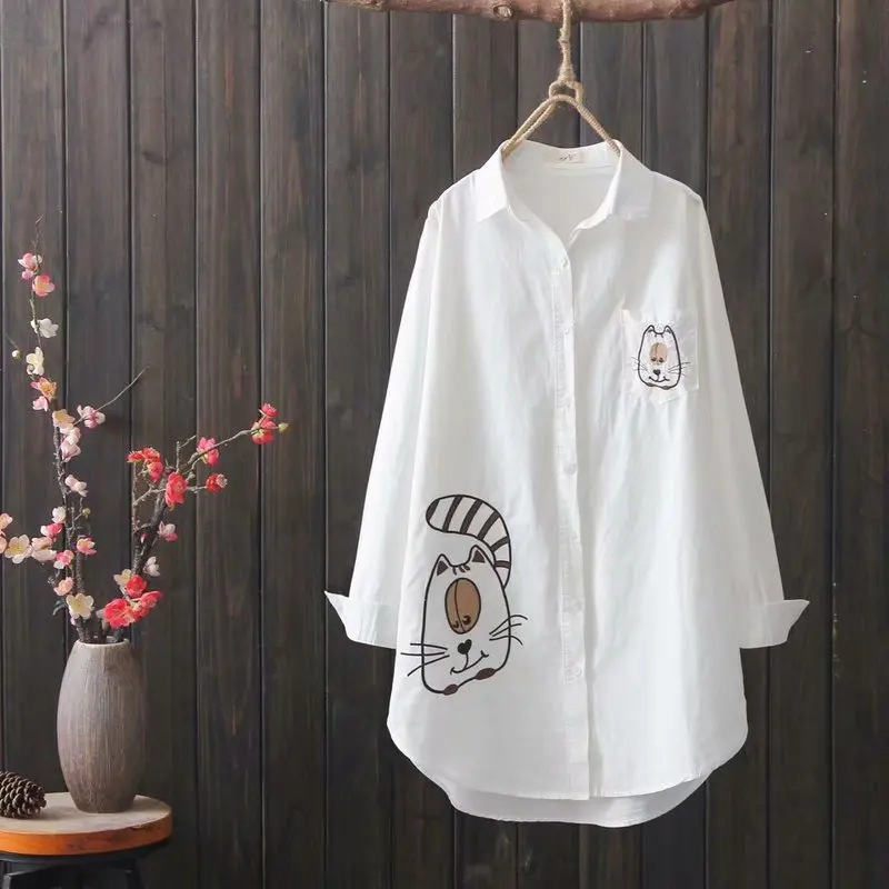 

Spring And Autumn White Shirt Women's Loose-Fit Slimming Base Shirt Literature And Art Versatile Cartoon Cat Long-sleeve Blouse