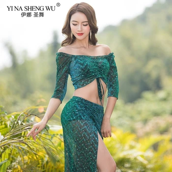 

New Women Belly Dance Costumes Set 2pcs Top+Long Split Skirt Dance Sexy Practice Clothes Oriental Dance Stage Performance Wear