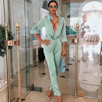 

2019 Newest Celebrity Evening Party Women Green Jumpsuit Long Sleeve Deep V-Neck Sexy Night Out Club Jumpsuit Women Vestidos