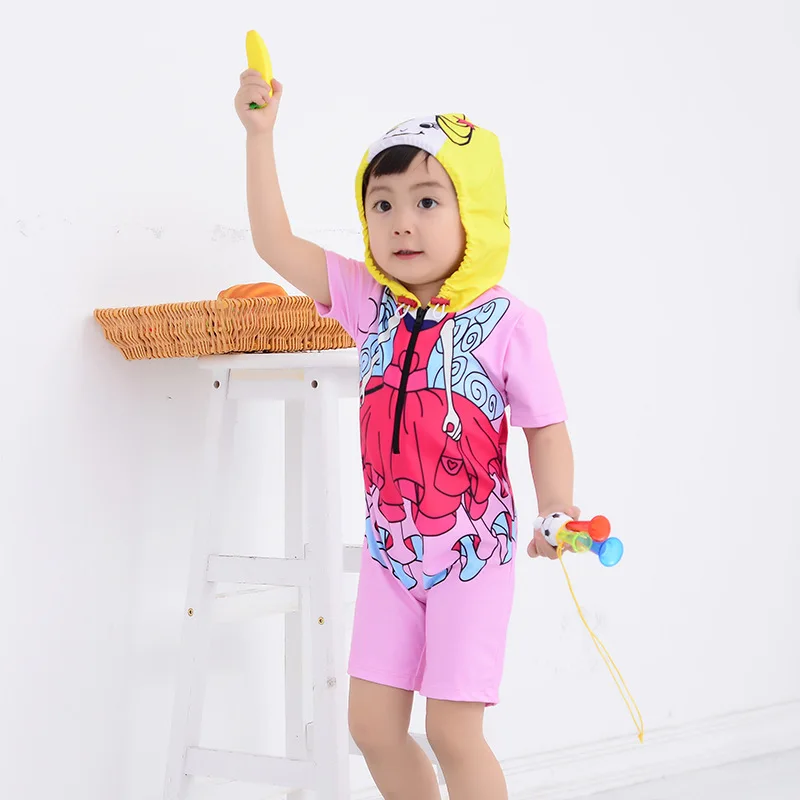 

KID'S Swimwear Girls One-piece Children Short Sleeve Beach Girls Baby Cartoon Cute Hooded Tour Bathing Suit