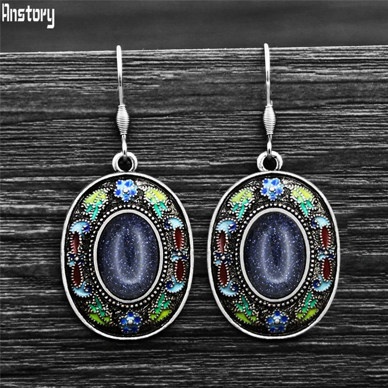 Sequins blue stone Винтажные овальные кварцевые серьги для женщин, богемная живопись, ремесло, цветок, растение, натуральный камень, нержавеющая сталь, серьги-крючки - Окраска металла: Sequins blue stone