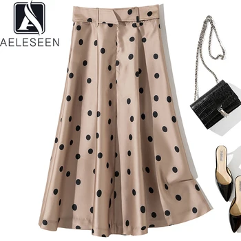 

AELESEEN Office Ladies Summer Skirt High Quality Runway Fashion Dots Print Button Belt Party Holiday Skirts