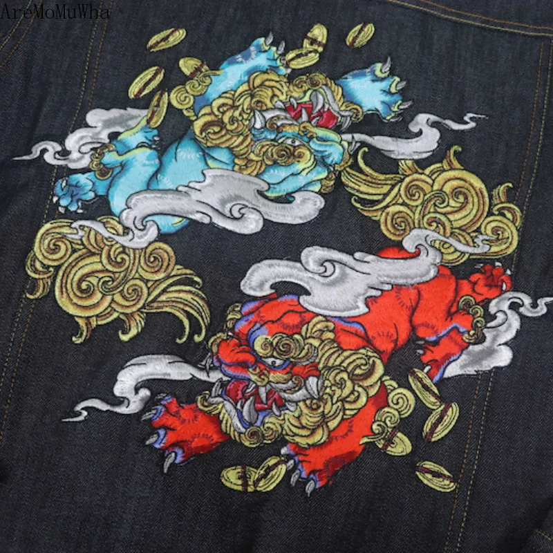 AreMoMuWha японский Kylin голова льва вышивка джинсовая куртка основной цвет стирка вышивка мужская джинсовая куртка QX1040