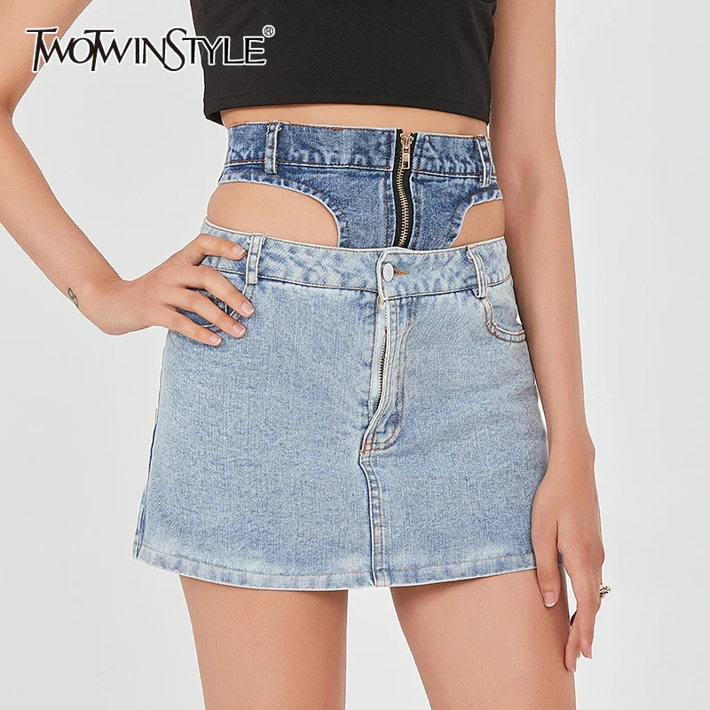 

TWOTWINSTYLE Patchwork Denim Skirt For Women High Waist Hollow Out Designer A Line Mini Blue Skirts Female 2020 Summer Clothing