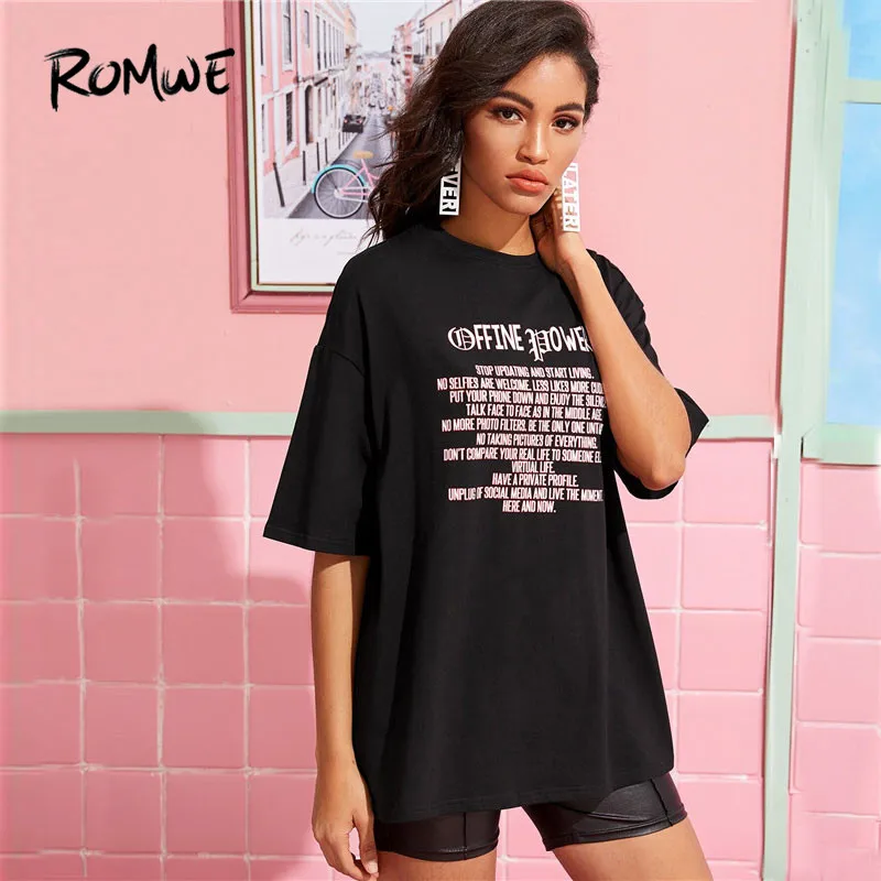 ROMWE Досуг Drop Shoulder лозунг футболка женская с коротким рукавом черная футболка длинные топы Летняя Повседневная Женская одежда с круглым вырезом