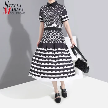 

New 2020 Women Summer Korean Style Black Casual Printed Shirt Dress Geometrical A-Line Ladies Stylish Cute Wear Dress Robe 6033