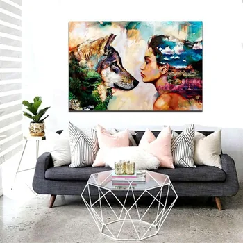 

RuoGuang Nordic Wolf girl canvas painting Color abstract graffiti posters and prints wall art pictures for living room decor