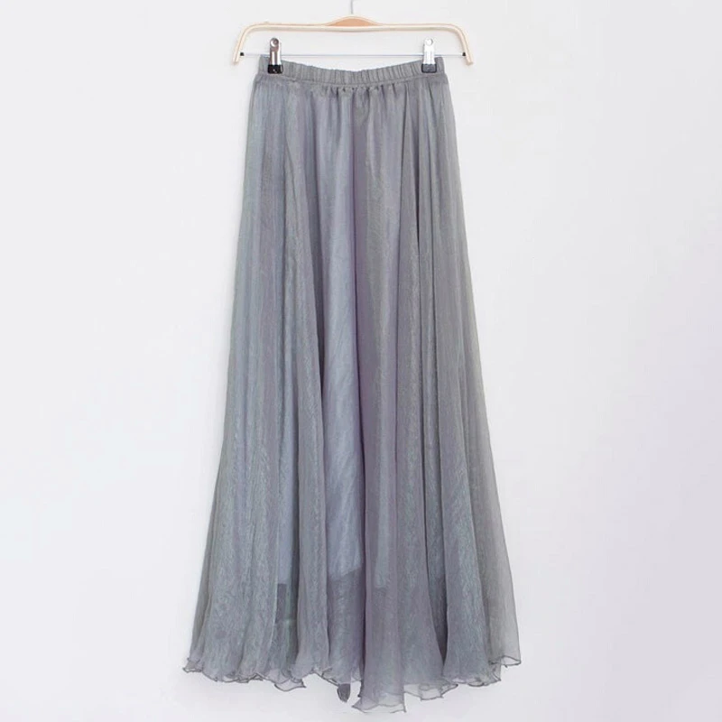 Женская длинная юбка из шифона, пляжные богемные плиссированные макси юбки с высокой талией, пачка, повседневные платья, тюль, большой подол, серый, розовый
