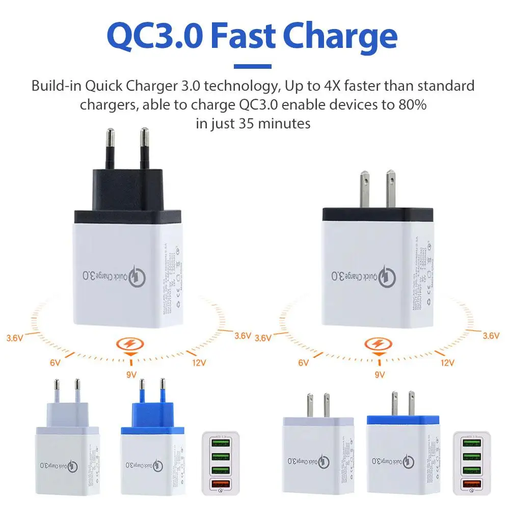 4 USB Mobile Phone Flash PC Fireproof Material Charger Quick Charge QC3.0 Fast Port EU Plug US Travel #GJ | Мобильные телефоны и