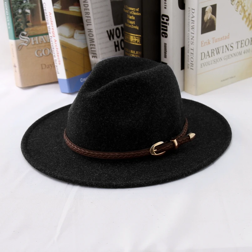 GEMVIE New Wide Brim Wool Women Fedora With Buckle Leather Band Felt Hat New Warm Autumn Winter Panama Jazz Cap