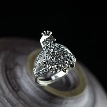 

Character product new women's fashion peacock opening S925 silver inlay marseille stone opening ring