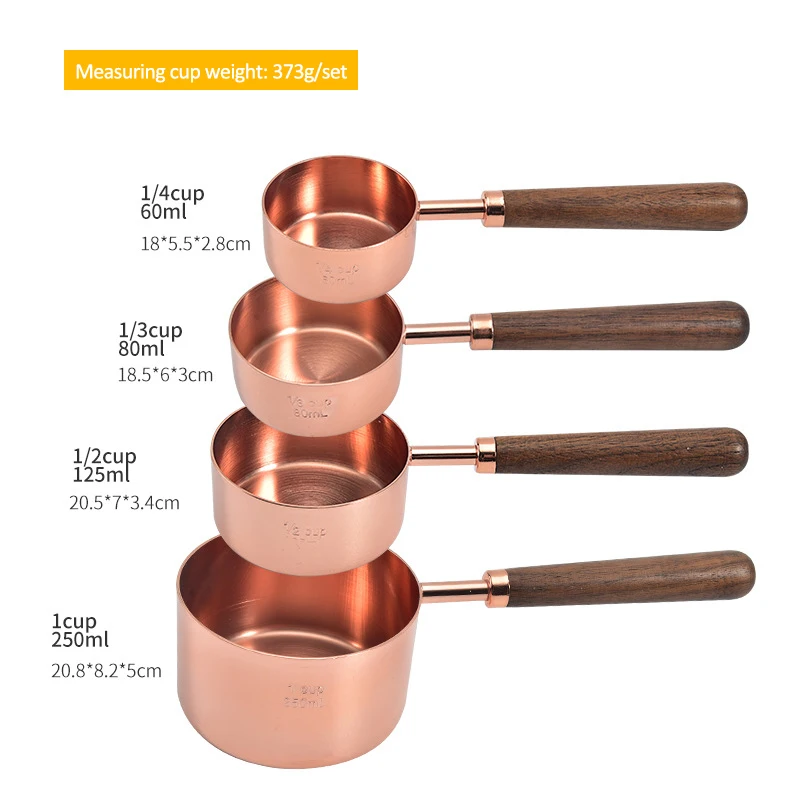 LINHU 5Pcs Coffee Heavy Duty Wooden Handle Stainless Steel Rose Gold Measuring Cups Baking Tool Measuring Spoons Set Sugar Scoop Cups