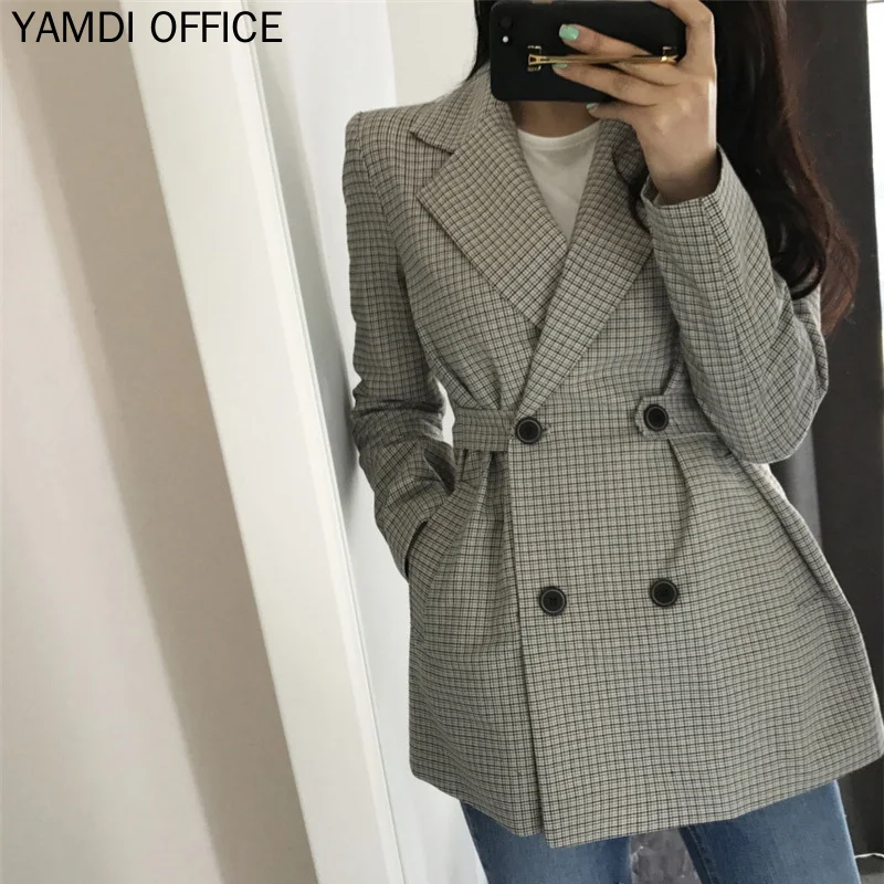 YAMDI, женский осенне-зимний Блейзер, пальто, новинка, модный дизайн, подиумная верхняя одежда, двубортный пиджак, женский, женский, клетчатый, офисный