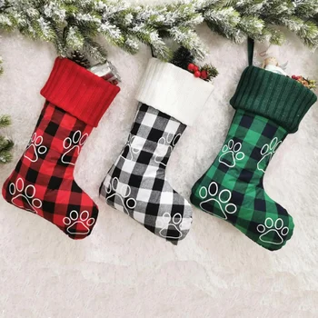 

Christmas Stocking Knit Decorative Sock Kid Gift Candy Bag Paw Print Xmas Tree Accessories Hanging Ornaments New Year Home Decor
