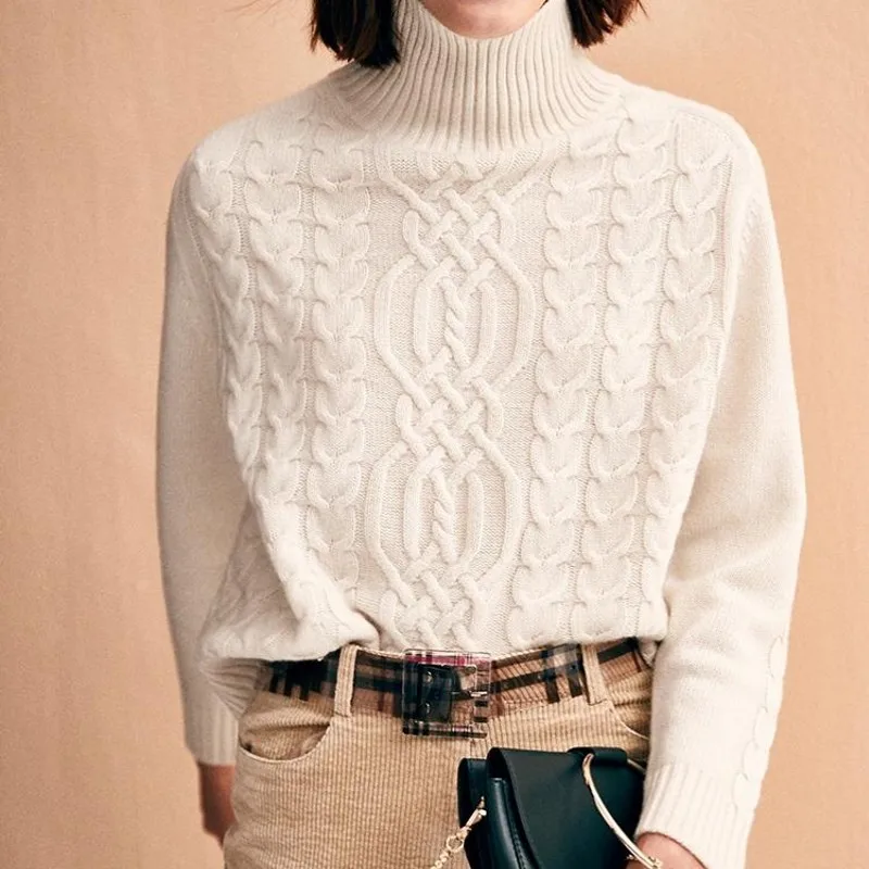 Women's Turtleneck Sweater Winter Thicken Warm Pullover Twisted Loose Cable Knit Jumper Bottoming Blouse Clothing White | Женская