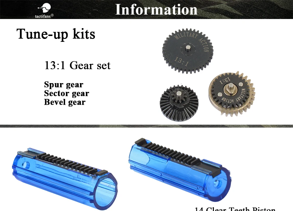TACTIFANS 13:1 комплект передач, поршень цилиндра/головка, пружинная направляющая, сопло, Прозрачный 14 зубьев поршневой внутренний цилиндр 363-460 мм AK M4 AEG