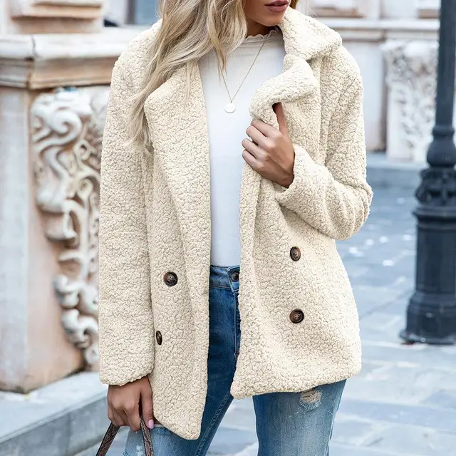 S-5XL High Quality Teddy Fleece Button Jacket Solid Color Women Winter Spring Loose Warm Coat