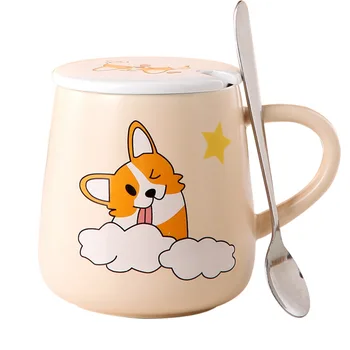 

400ML Cute Cartoon Corgi Dog Ceramic Coffee Mug Creative Ceramic Milk Breakfast Cup with Lid Spoon Handle Couple Juice Cup