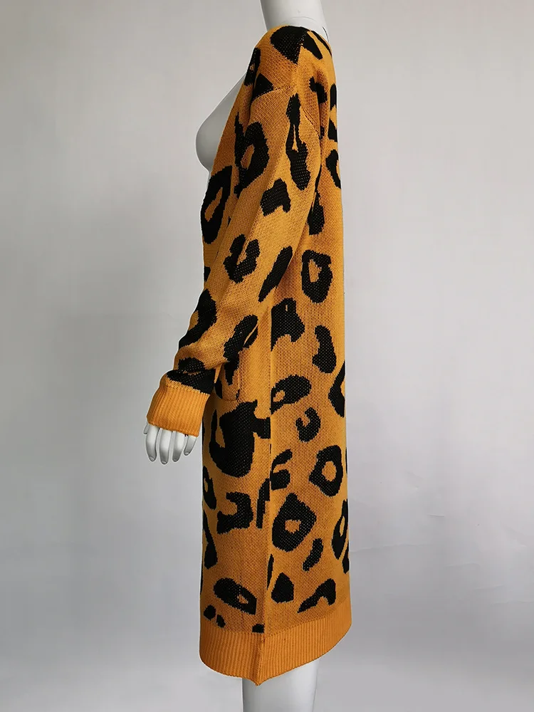 Зимний модный женский длинный рукав свободный Леопардовый вязаный кардиган свитер