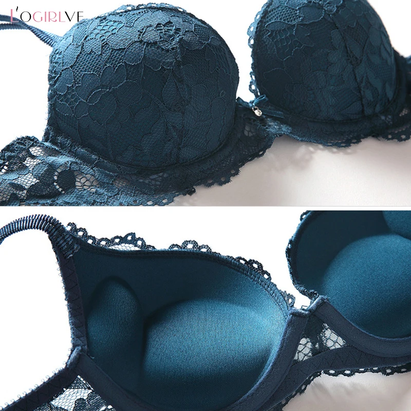 Logirlve Hot Sexy Push Up Bra Set Brand Deep V Brassiere Thick Cotton Women Underwear Set Lace Blue Embroidery Flowers Lingerie