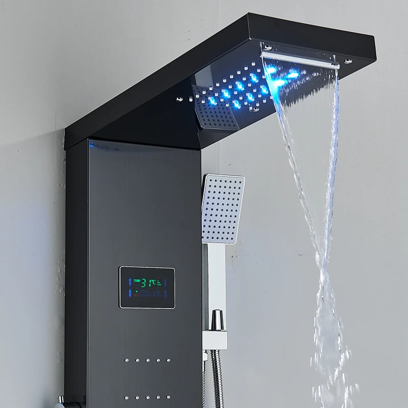 Shower Panel Bathroom Shower Faucet Set Bathroom LED Rain/Waterfall Head Shower Panel Digital Display Screen Massage Jets Waterfall Bath Tub Spout Shower Column