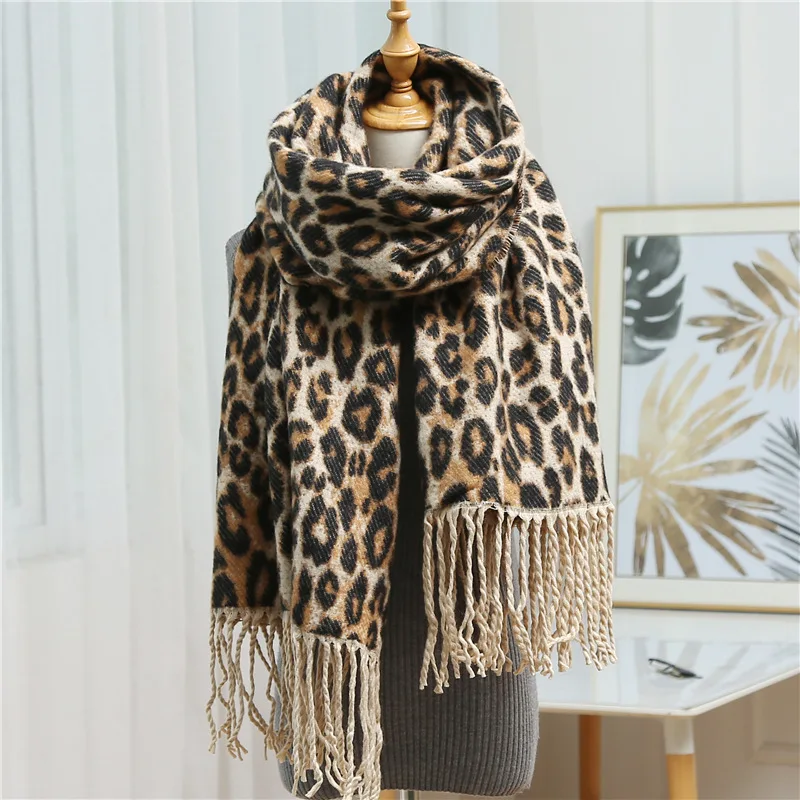 Леопардовый шарф, зимний женский Мягкий кашемировый шарф, Дамский Леопардовый принт, теплые шали и палантины, пашмины Fourlad Femme - Цвет: 1