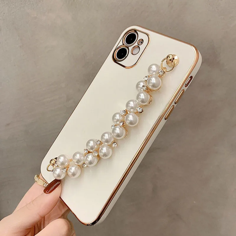 Luxury Plating Pearl Chain Phone Case For iPhone 12 11 Pro Max 7 8 Plus X XR XS Max Mini Wrist Strap Back Cover Coque