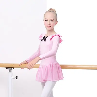 pink long sleeve Для девочек, балетное платье-трико кружевное гофрированное плечо балетная Одежда для танцев для детей трико для гимнастики балета боди купальник - Цвет: pink long sleeve