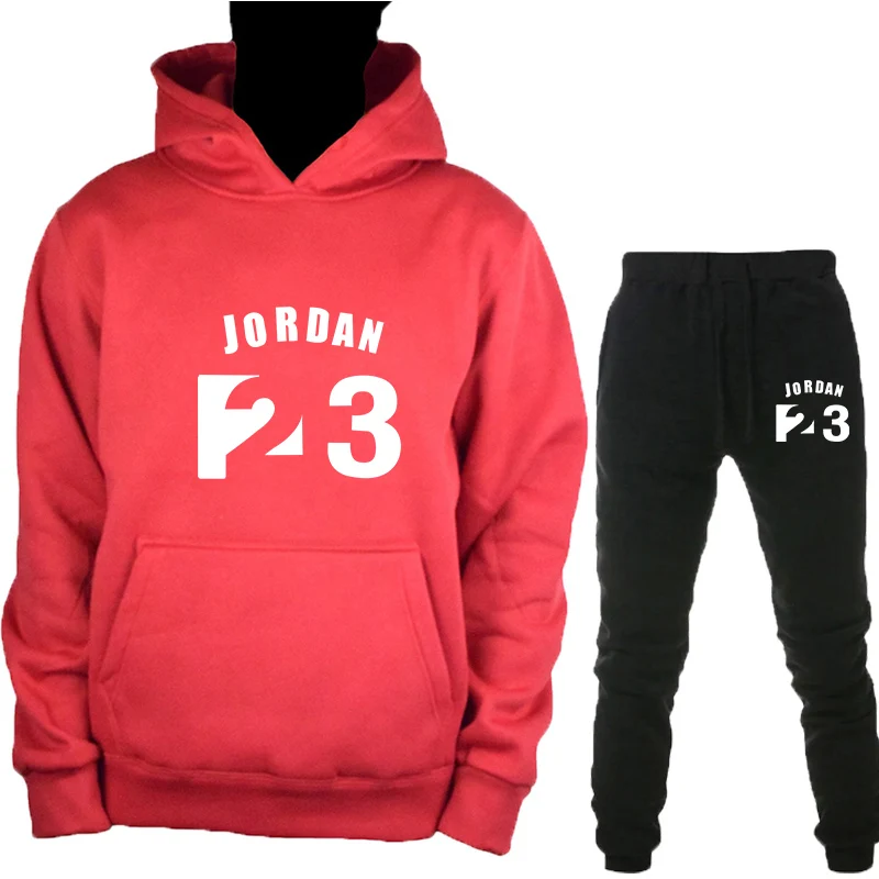 Новинка, модный брендовый спортивный костюм JORDAN 23, мужская спортивная одежда, комплект из двух предметов, хлопковая флисовая плотная толстовка с капюшоном+ штаны, спортивный костюм для мужчин s - Цвет: RedB-HeiK