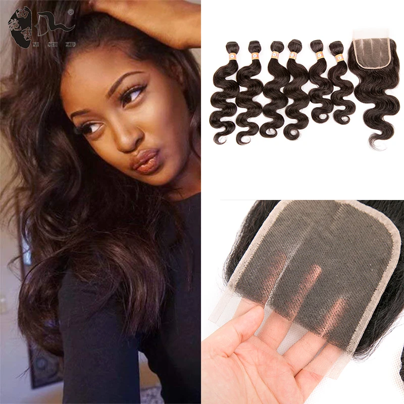 XISHIXIU-extensiones de pelo ondulado brasileño, mechones de pelo mezclado 70% humano con cierre de encaje, extensiones de cabello no Remy