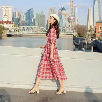 

Vintage Cute Dresses Woman Summer Short Sleeve V Neck Slim Waist Casual Korean Style Japan Design Cotton Plaid Dress Pink