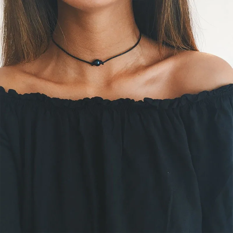 Black Leather Pearl Choker Necklace Real Pearl Necklace Single Pearl Choker Genuine Leather Necklace