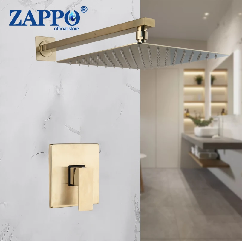 ZAPPO Wall Mount Rainfall Shower Tap Kits With Embedded Box Mixer Bathtub Kit Luxury Brushed Gold Faucet Set | Обустройство дома