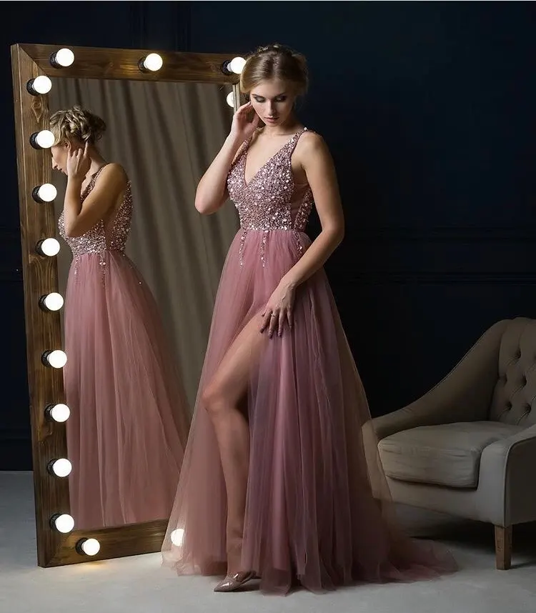 Luxury Beads Sexy Evening Dresses Long A line V neck Sleeveless Formal Occasion Party Prom Dresses robe de soiree