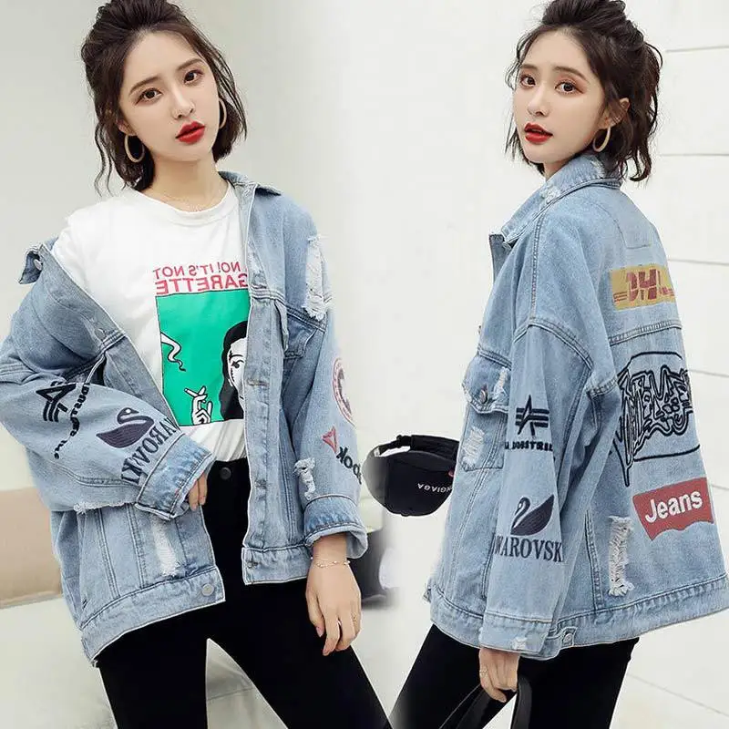 

Spring New Style Printed Joint Jeans Coat 2019 Spring New Style Long Sleeve Washing Denim Top Trend WOMEN'S Dress