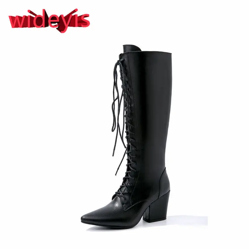 Boots women Genuine Leather pointed fashion boots women's lace-up knee high boots top layer leather patent leather features - Цвет: black