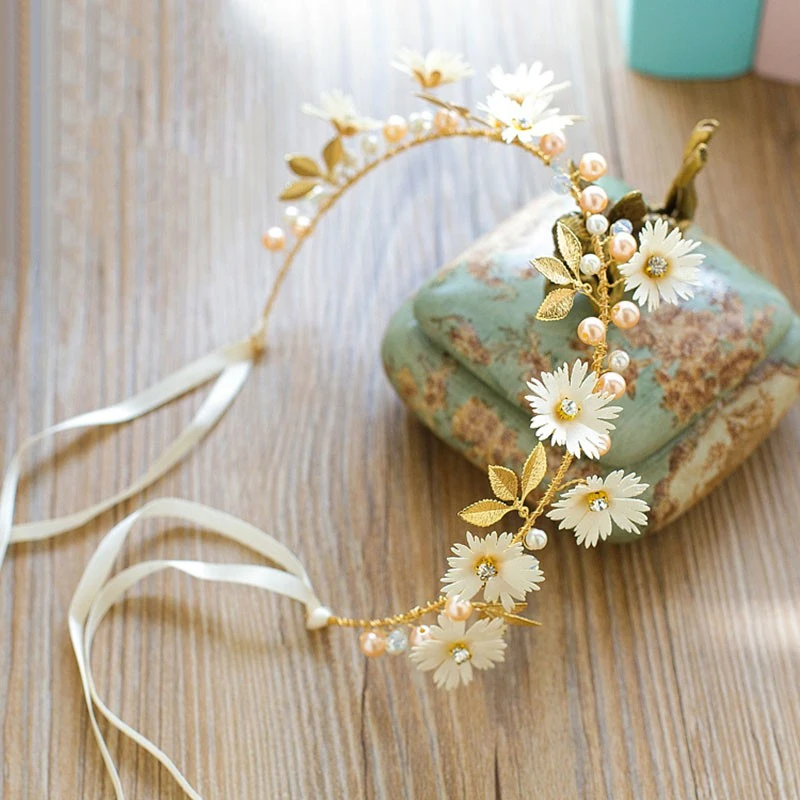 Bride Wedding Hair Accessories Pearl Floral Crown Garland Hairband Leaf Vine Headpiece Ornament