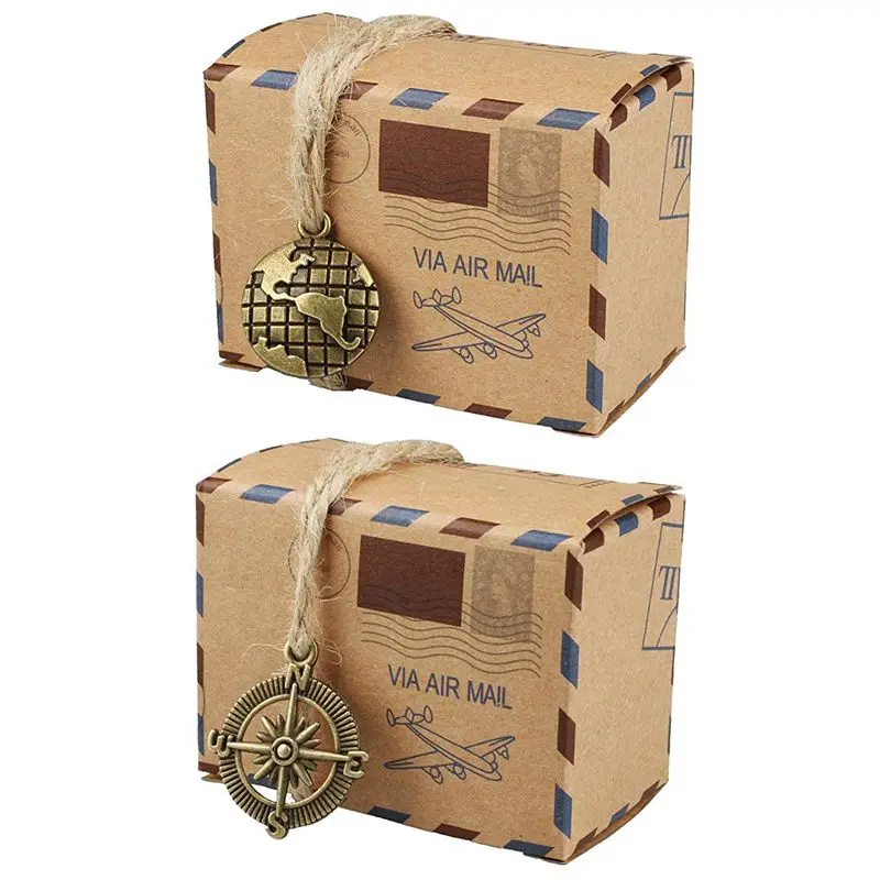 50pcs Inspired Airmail Favor Boxes Bonbonniere With Globe Kraft Paper Candy Boxes Gift Box With Burlap Twines for wedding airpla