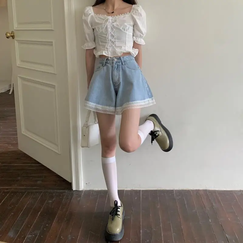 Women Summer Kawaii Sexy Blue Shorts 2021 Cute Girls Fashion All-Match Casual Solid Color Denim Lace Shorts yoga shorts