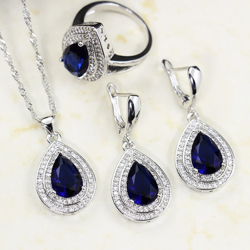 RingEarringsNecklace Bague Ringen в форме капли воды сапфир серебро 925 Ювелирные наборы для женщин голубые драгоценные камни Кольцо Серьги Ожерелье браслет свадьба - Цвет камня: RingEarringsNecklace
