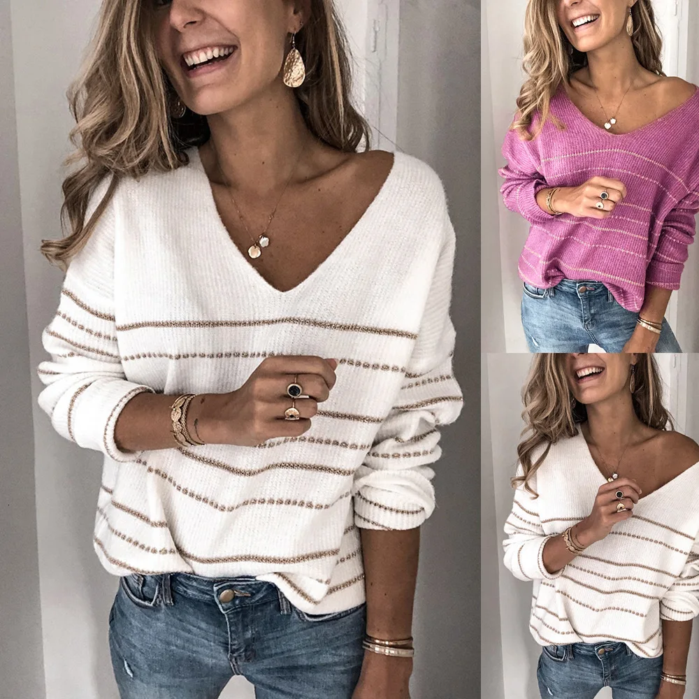 Джерси Mujer Oto O Invierno сплошной цвет Вязание V образным вырезом с длинным рукавом полосатый Женский свитер осень зима пуловер Джемпер