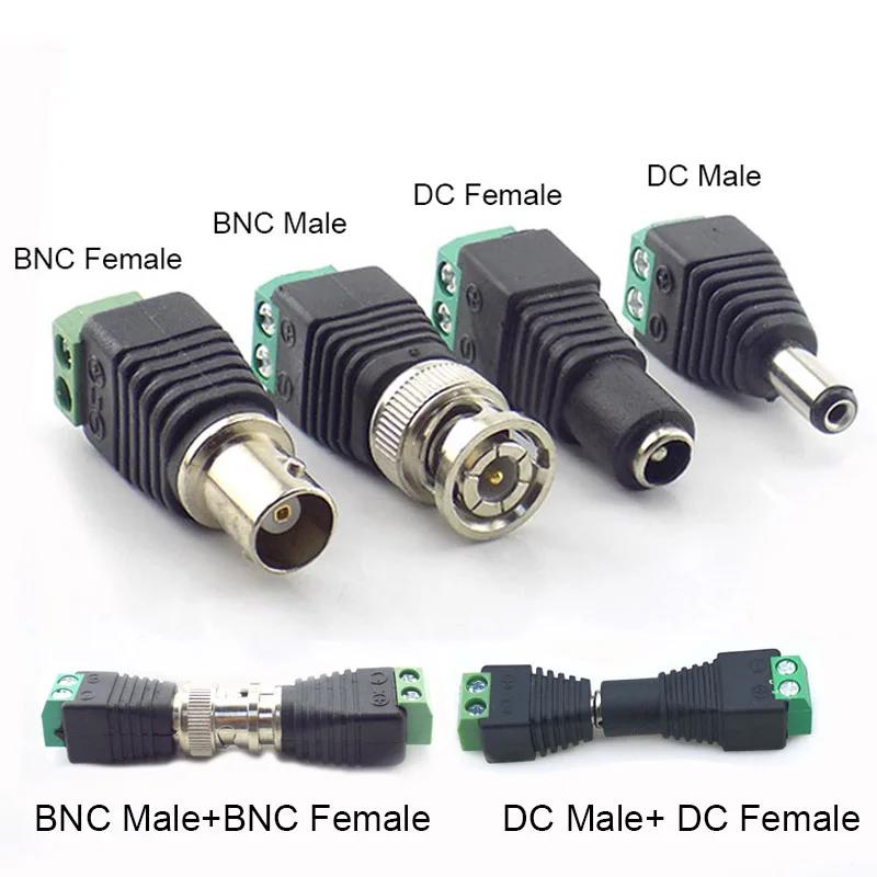 12V DC BNC de hombre conector hembra adaptador Balun de vídeo convertidor de vídeo CCTV LED tira de luz de la cámara de seguridad