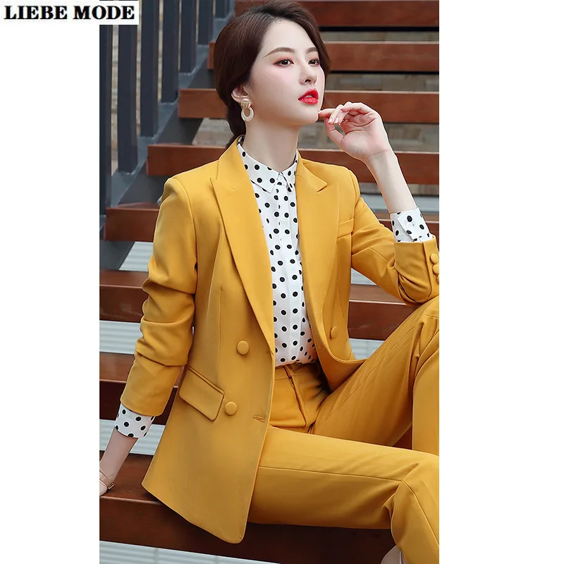 Female Business Formal Wear Pants Suit Red Yellow 2 Piece Double Breasted Blazer Set Lady Office Uniform Style Trouser Suites