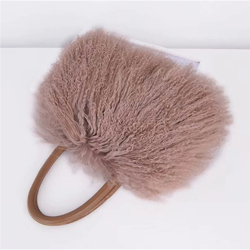 IANLAN Women Real Mongolian Sheep Fur Handbags Casual Ladies Fluffy Fur Tote Bags Genuine Cowhide Handle IL00555