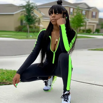 

Meihuidan Women Sporty Neon Striped Green Orange Jumpsuit Long Sleeve Zipper Front Skinny Fitness Tight Rompers Overalls